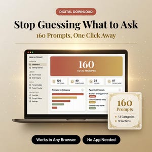 May include: A digital download product display featuring a laptop screen showing the Grok AI Toolkit interface with 160 total prompts. Text includes Stop Guessing What to Ask, 160 Prompts, One Click Away, Works in Any Browser, and No App Needed.