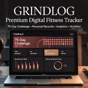 May include: A laptop displaying the GrindLog Premium Digital Fitness Tracker interface, featuring a 75-Day Challenge dashboard with workout analytics, a calendar, and muscle group volume charts, set on a desk with a kettlebell and water bottle.