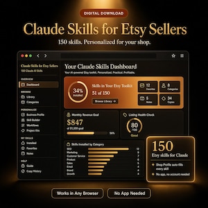Może przedstawiać: Cyfrowy interfejs pulpitu nawigacyjnego zatytułowany Claude Skills for Etsy Sellers, z ciemnym motywem i złotymi akcentami. Wyświetla 150 umiejętności AI, śledzenie postępów, cele przychodów oraz wskaźniki jakości ofert produktów w sklepie.