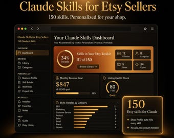 Claude AI Skills for Etsy Sellers Interactive Dashboard 150 Skills SEO Listings Email Marketing Customer Service Growth Browser Tool No App