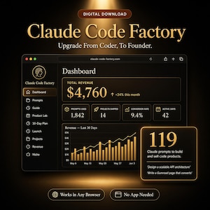 May include: A digital download graphic titled Claude Code Factory featuring a dark interface dashboard with gold text. It displays revenue of $4,760, metrics for prompts, projects, and conversion rates, plus a bar chart and 119 prompts for code products.