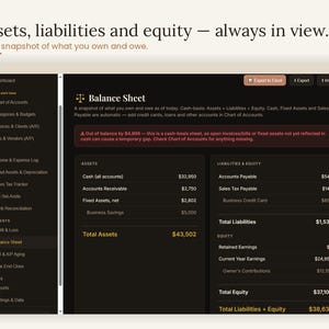 Live balance sheet with assets, liabilities and equity always in view — cash, receivables, fixed assets, payables, sales tax and retained earnings in a snapshot of what you own and owe. Interactive balance sheet inside the small business bookkeeping template for freelancers and self-employed owners, accounting digital download, browser based, no monthly fee.