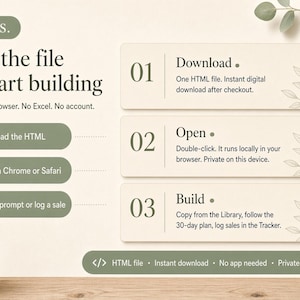 May include: A digital instructional graphic with a cream background and sage green accents. It outlines three steps: 01 Download, 02 Open, and 03 Build. The text reads: Open the file and start building. Works in your browser. No Excel. No account.