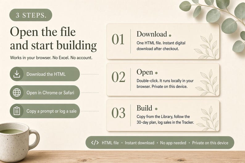 May include: A digital instructional graphic with a cream background and sage green accents. It outlines three steps: 01 Download, 02 Open, and 03 Build. The text reads: Open the file and start building. Works in your browser. No Excel. No account.