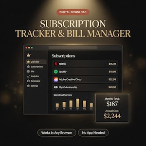May include: A digital subscription tracker and bill manager interface with a dark theme. The display shows a list of subscriptions including Netflix, Spotify, Adobe Creative Cloud, and a gym membership, with a monthly total of $187 and annual cost of $2,244.