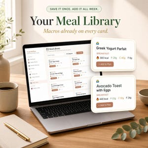 Pu&ograve; includere: Uno schermo di computer portatile che mostra un'interfaccia digitale di pianificazione dei pasti intitolata Meal Library con un elenco di opzioni per la colazione. Due schede fluttuanti mostrano Greek Yogurt Parfait a 380 kcal e Avocado Toast with Eggs a 440 kcal con dati sui macronutrienti.