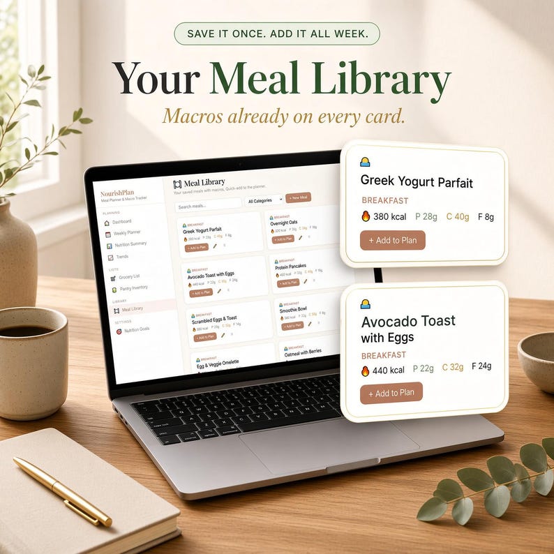 Pu&ograve; includere: Uno schermo di computer portatile che mostra un'interfaccia digitale di pianificazione dei pasti intitolata Meal Library con un elenco di opzioni per la colazione. Due schede fluttuanti mostrano Greek Yogurt Parfait a 380 kcal e Avocado Toast with Eggs a 440 kcal con dati sui macronutrienti.
