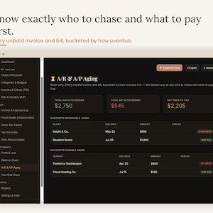 Accounts receivable and accounts payable aging report — know exactly who to chase and what to pay first, every unpaid invoice and bill bucketed by how overdue. Interactive AR and AP aging tracker inside the small business bookkeeping template for freelancers and service businesses managing cash flow, accounting digital download, browser based, no app needed.