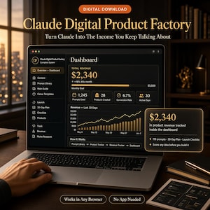 May include: A laptop screen displaying the Claude Digital Product Factory dashboard with financial metrics, revenue charts, and a sidebar menu. The interface shows a total revenue of $2,340, a 30-day revenue graph, and a list of included digital assets.