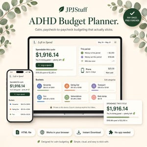 ADHD Budget Planner Interactive Paycheck Leftover Spend Tracker Safe to Spend Simple Budget Dashboard Expense Income Browser App HTML