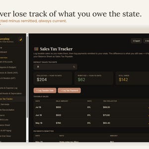Sales tax tracker so you never lose track of what you owe the state — collected sales tax minus remitted payments with the difference always current. Interactive sales tax and remittance tracker inside the small business bookkeeping template for online sellers, Etsy shops and service businesses, accounting digital download, browser based, no subscription.
