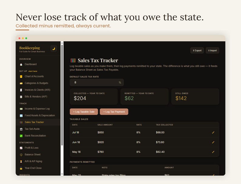 Sales tax tracker so you never lose track of what you owe the state — collected sales tax minus remitted payments with the difference always current. Interactive sales tax and remittance tracker inside the small business bookkeeping template for online sellers, Etsy shops and service businesses, accounting digital download, browser based, no subscription.