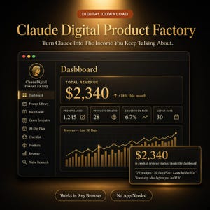 May include: A digital dashboard interface titled Claude Digital Product Factory with gold text on a dark background. It displays total revenue of $2,340, prompts used, products created, conversion rate, active days, and a revenue growth chart.