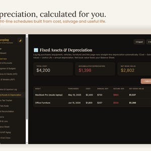 Fixed assets and depreciation page with straight-line depreciation schedules built from cost, salvage value and useful life — calculated automatically for you. Interactive small business accounting and asset depreciation template for freelancers and self-employed owners tracking equipment and write-offs, bookkeeping digital download, browser based, no app or monthly fee.