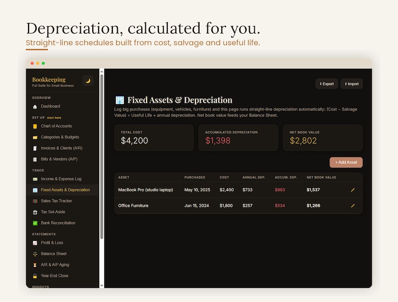 Fixed assets and depreciation page with straight-line depreciation schedules built from cost, salvage value and useful life — calculated automatically for you. Interactive small business accounting and asset depreciation template for freelancers and self-employed owners tracking equipment and write-offs, bookkeeping digital download, browser based, no app or monthly fee.