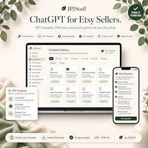 Può includere: Una visualizzazione di prodotto digitale con un laptop e uno smartphone che mostrano l'interfaccia JPJStuff ChatGPT for Etsy Sellers. Gli schermi presentano una libreria di contenuti, una checklist SEO e modelli GPT con etichette di testo.