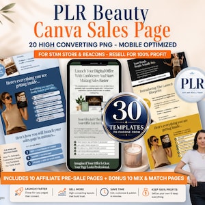 Może przedstawiać: Cyfrowy pakiet marketingowy zawierający szablony stron sprzedażowych Canva PLR Beauty. Wyświetlacz zawiera układy zoptymalizowane pod kątem urządzeń mobilnych, odznakę 30 szablonów i bezpłatny przewodnik bonusowy. Tekst zawiera 'PLR Beauty Canva Sales Page', '20 High Converting PNG' i '30 Templates To Choose From' na jasnym tle.