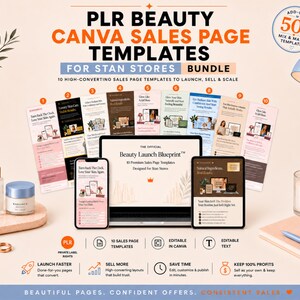 May include: A digital product bundle featuring PLR Beauty Canva Sales Page Templates for Stan Stores. The display includes ten numbered template designs, a laptop, a smartphone, and a tablet showing the Beauty Launch Blueprint, plus icons.