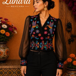 Black Blouse With Floral Embroidery - Etsy