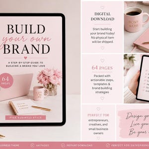 Pode incluir: Um download digital com um tema de negócios rosa. A imagem apresenta um tablet com o texto "Build Your Own Brand", um laptop, uma caneca de café e um caderno. A imagem também inclui o texto "64 páginas" e "Perfeito para empreendedores."