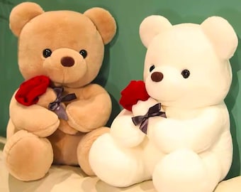 Cute Teddy Bear Holding Red Rose Plush Toy | Soft Stuffed Bear Gift | Romantic Teddy Bear Decor | Valentine’s Day Gift for Her