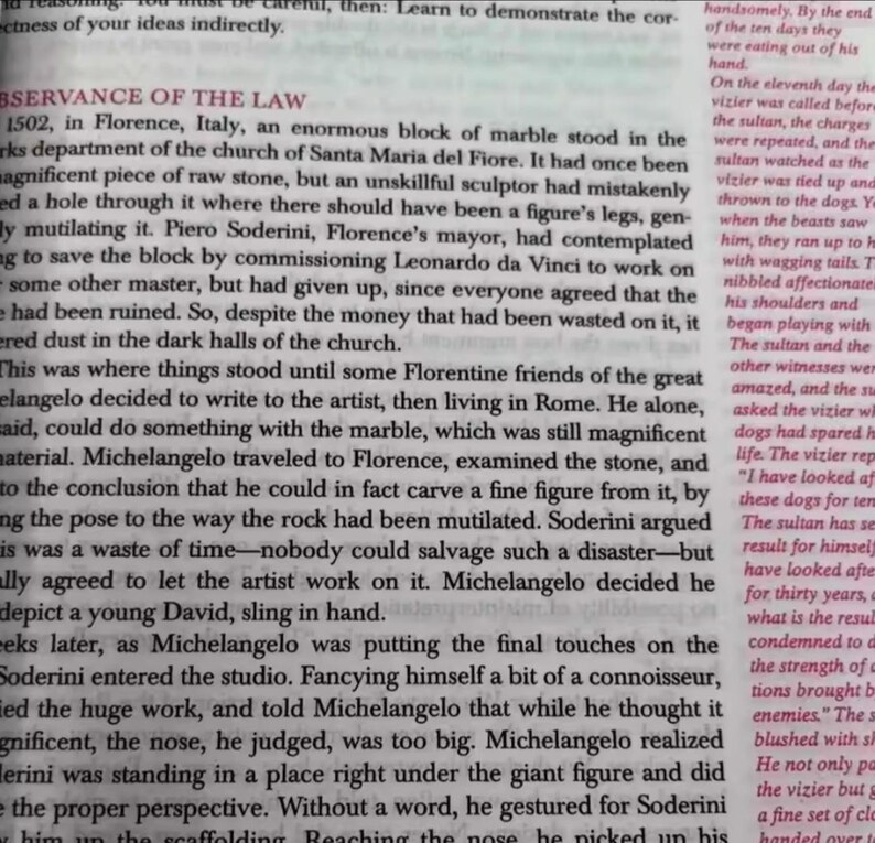 May include: A book page with black text on cream paper, discussing Michelangelo's David statue. The text describes the history of the sculpture and the artist's process.