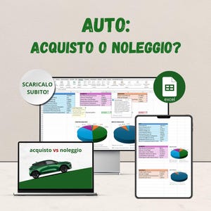 Può includere: Immagine di uno schermo di computer, un laptop e un tablet che mostrano dati finanziari in formato foglio di calcolo. Il testo "AUTO: ACQUISTO O NOLEGGIO?" è in alto. Un grafico di un'auto verde è sullo schermo del laptop. È presente anche un'icona di Excel.
