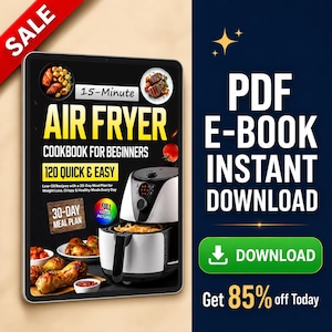 以下が含まれることがあります： デジタルタブレットには、「Air Fryer Cookbook for Beginners」というタイトルのエアフライヤーの料理本の表紙が表示されています。表紙には、調理された食品とエアフライヤーの画像が掲載されています。「120 Quick & Easy」のレシピが含まれています。