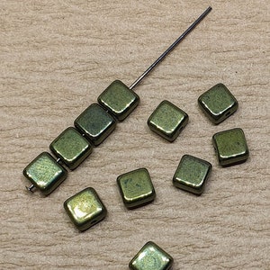 Square beads 6mm 30pc green bronze Czech flat glass 23980/14495