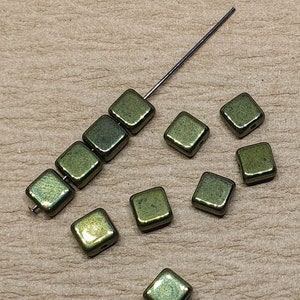 Square beads 6mm 30pc green bronze Czech flat glass 23980/14495 czechbeads