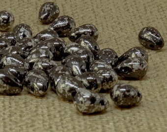 40pc Black Teardrop Czech Glass Beads: Metallic Hematite Picasso, 6mm