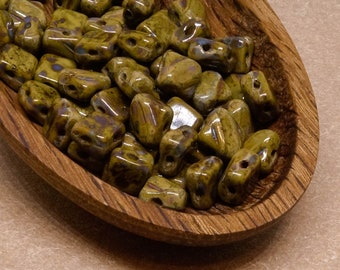 Silky Czech Glass Rhombus Beads, Picasso Olive, 6mm, (30pc) 53400/86800