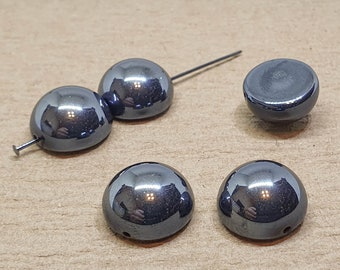 Hematite Gray Dome Beads: Czech Cabochons, 14mm, 6pc