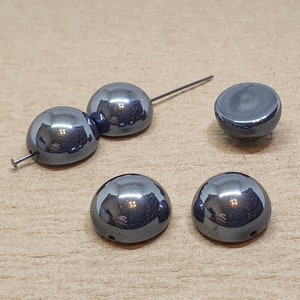 Hematite Gray Dome Beads: Czech Cabochons, 14mm, 6pc