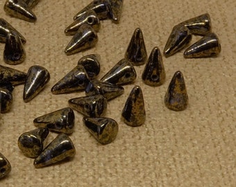 30pc Bronze Spike Beads 8mm Czech Glass Pressed Dagger Teardrop Fang gold travertine dark