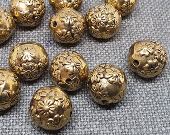 Hollow gold beads 10pc 13mm Acrylic Beads with flowers Round Plastic Beads with black patina antique gold yellow lightweights shimmer