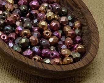 50 Czech Fire Polished Glass Beads 4mm, Mixed Metallic Rainbow Iris