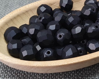 Frosted Black Czech Glass Beads: 8mm Faceted Round, 20pc
