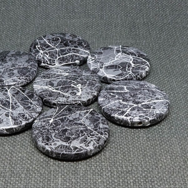 6pc 30mm Acrylic Beads Flat round disc Large Plastic Beads silver gray metallic with black and white antique lightweights shimmer