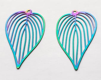 6pc Long leaf pendant 25x42mm Large Leaves Rainbow Charm Double sided Multi-color Filigree Stainless Steel Metal Lightweight