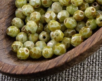 4mm beads Opaque Picasso Glass Beads 4mm (50) Czech Fire Polished Faceted Round Green Picasso Pale last