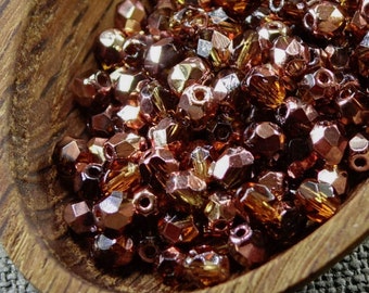 Smoke Topaz 4mm Beads (50) Czech Fire Polished Copper Faceted Glass 1/2 coated 4mm beads