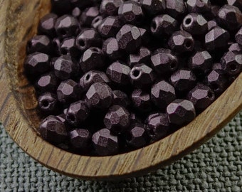 50pc 4mm beads Czech Fire Polished Beads Round Faceted Beads Opaque Eggplant Purple Frosted Matte last