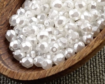 Faux pearl 4mm beads 50pc White Czech Fire Polished Beads 4mm Opaque Round Glass Small Polish Faceted Coated