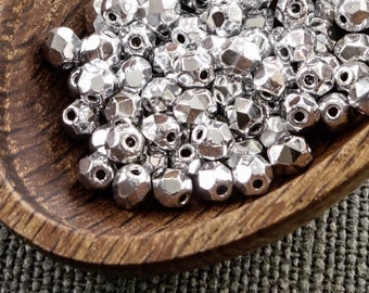 Silver Czech Fire Polished Beads 4mm (50) Opaque Round Glass Small Polish Faceted Metallic Gray shimmer