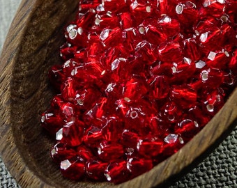 Red beads supplies Siam Red Czech Fire Polished Beads 4mm (50) Silver lined beads Czech beads 4mm for beading making