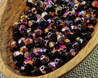 4mm Vitex beads Black Czech Glass Beads Vitrail Fire Polished (50) 4mm beads colorful 4mm black beads AB