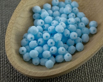 Matted colorfast 4mm beads 50pc Fire polished beads, Faceted Czech beads, round beads Opaque Baby Blue beads Frosted beads