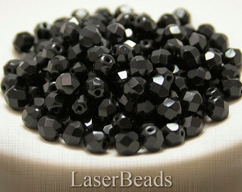 Black Czech Fire Polish Round Beads 6mm Faceted (35) Fire Polished Glass Opaque