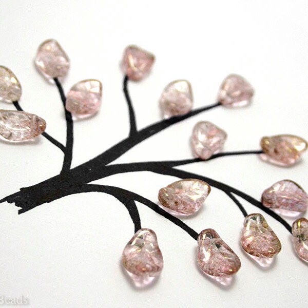 Raspberry Czech Glass Leaf Beads 15mm (16) Gold Pressed Leaves Tree Branch Pale Pink Mauve Spring